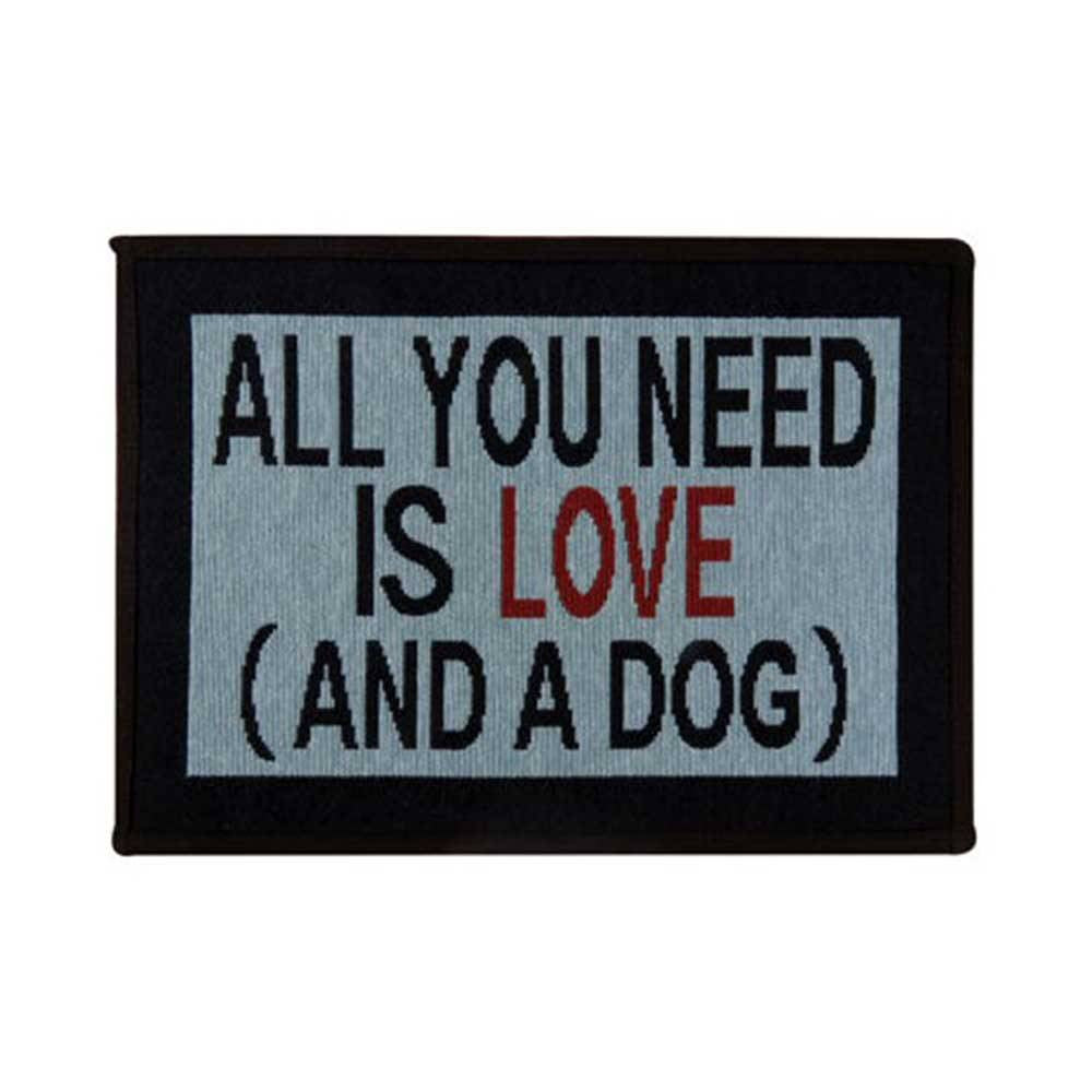 PB Paws & Co. Tapestry Pet Mat featuring a 'Need Love & Dog' pattern, showcasing its stylish design and durable fabric.